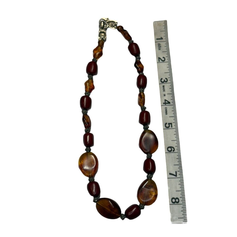 Vintage Beaded Necklace Faux Amber & Red Stones Chunky Boho Statement Jewelry - Picture 5 of 6
